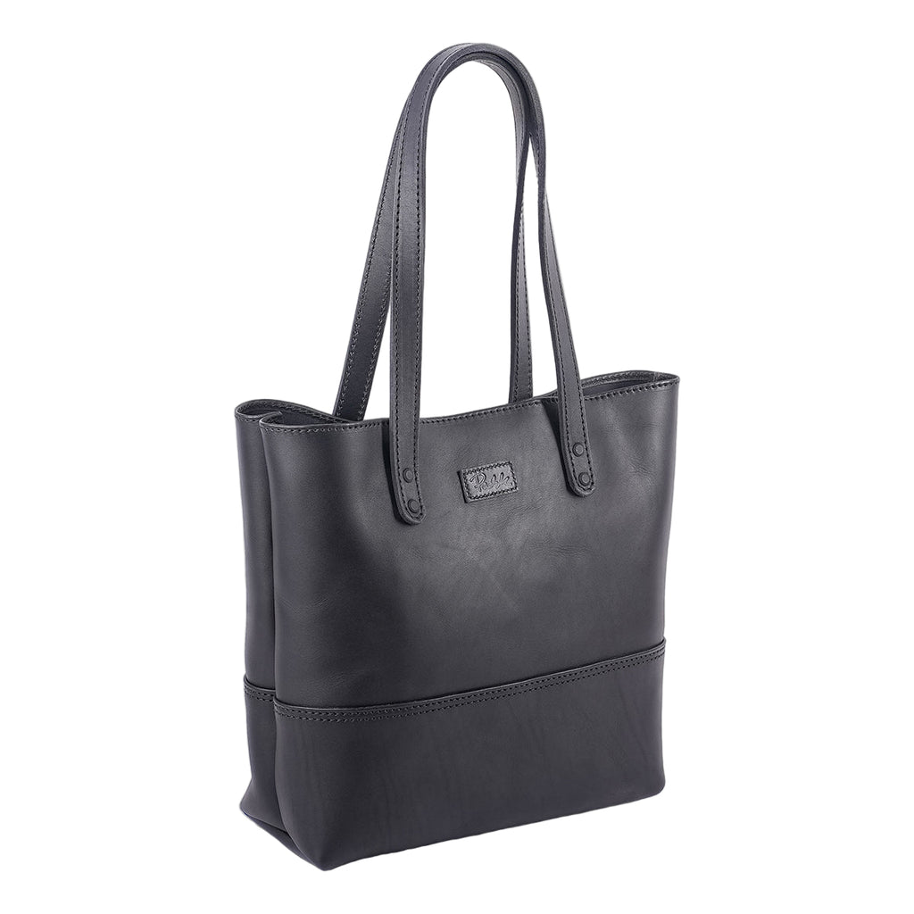 Black leather large tote bag with Pask Fine Goods brand logo 