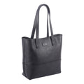 Black leather large tote bag with Pask Fine Goods brand logo 