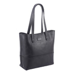 Black leather large tote bag with Pask Fine Goods brand logo 