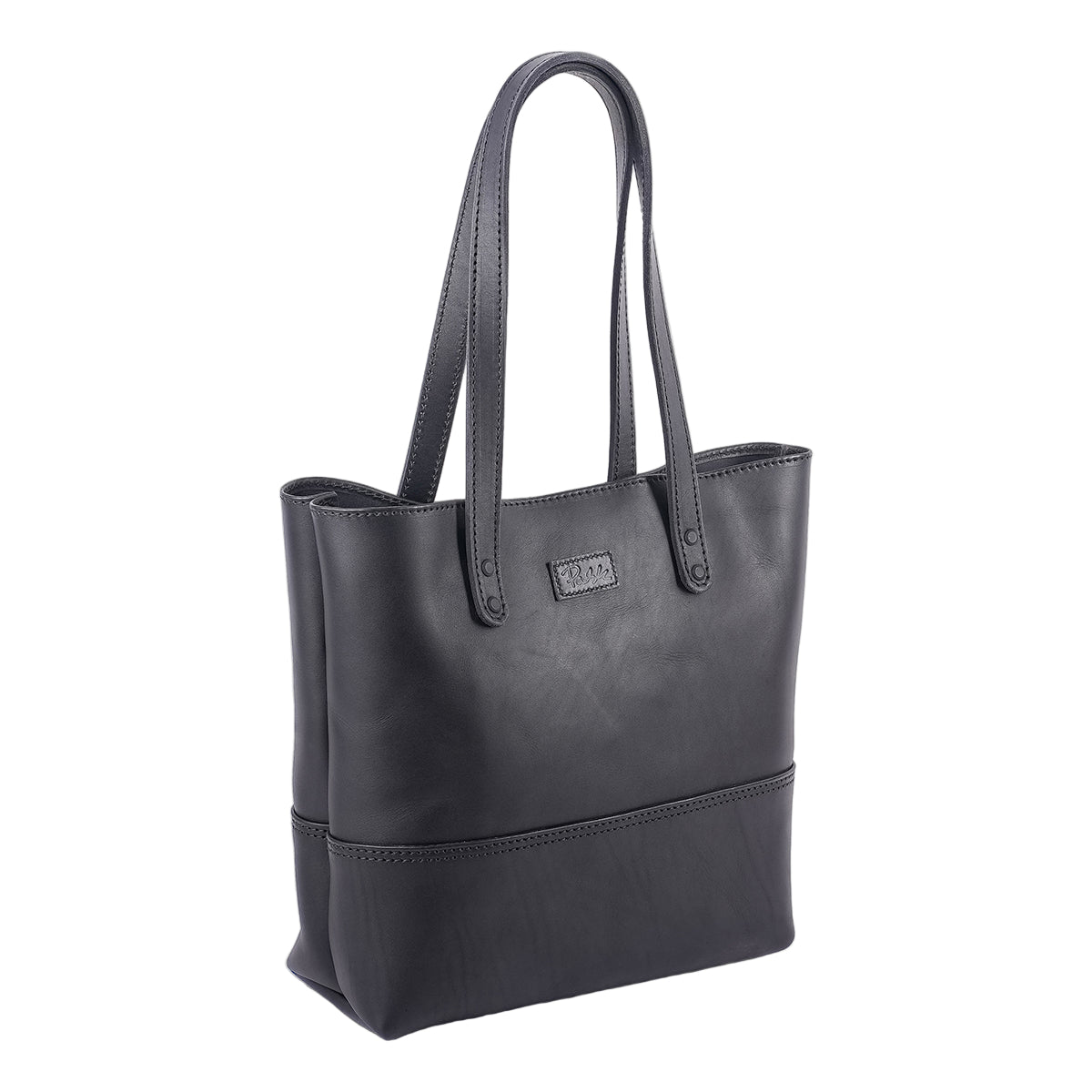 Black leather large tote bag with Pask Fine Goods brand logo 