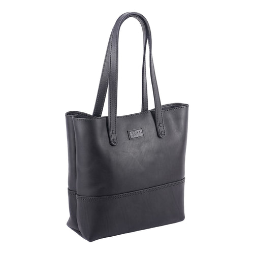 Black leather large tote bag with Pask Fine Goods brand logo 