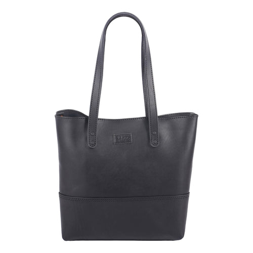 Black leather tote bag from Pask Fine Goods