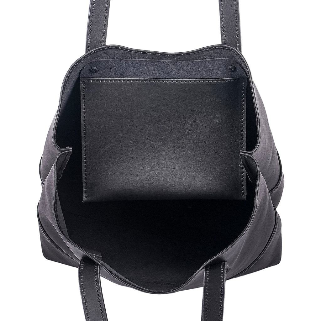 Large Black leather handmade tote with interior tablet sleeve by Pask Fine Leather Goods
