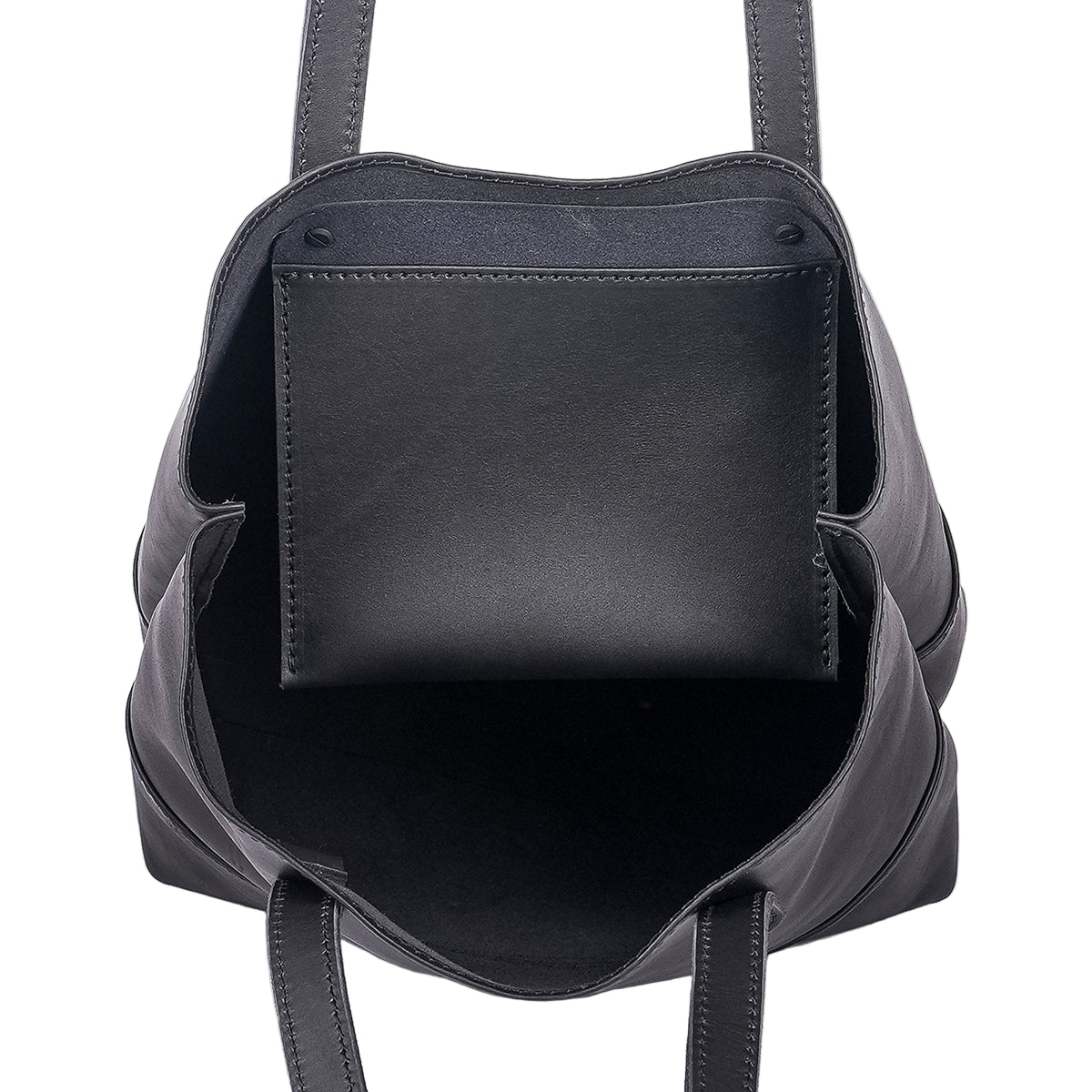 Large Black leather handmade tote with interior tablet sleeve by Pask Fine Leather Goods