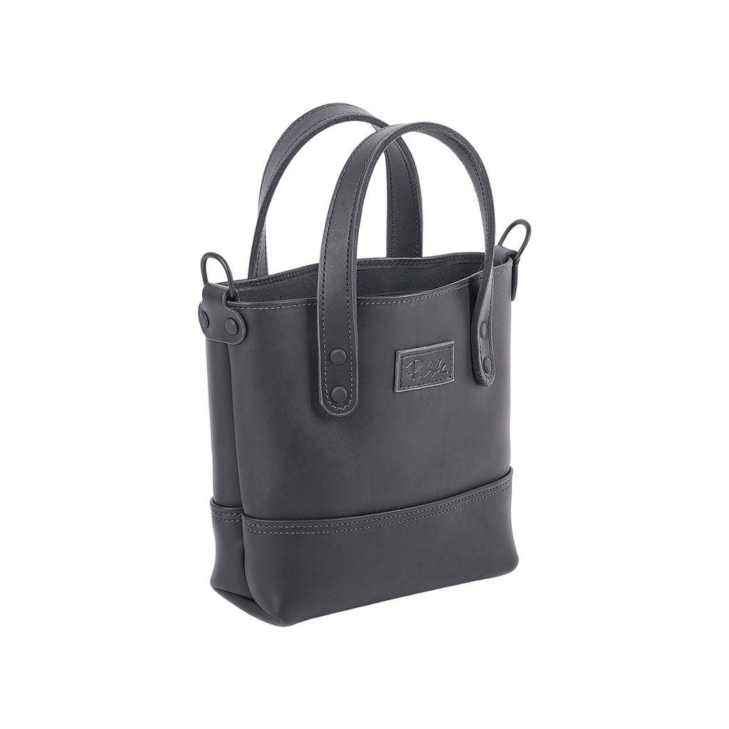 Small Handmade Black leather tote handbag with handles from Pask Fine Leather Goods