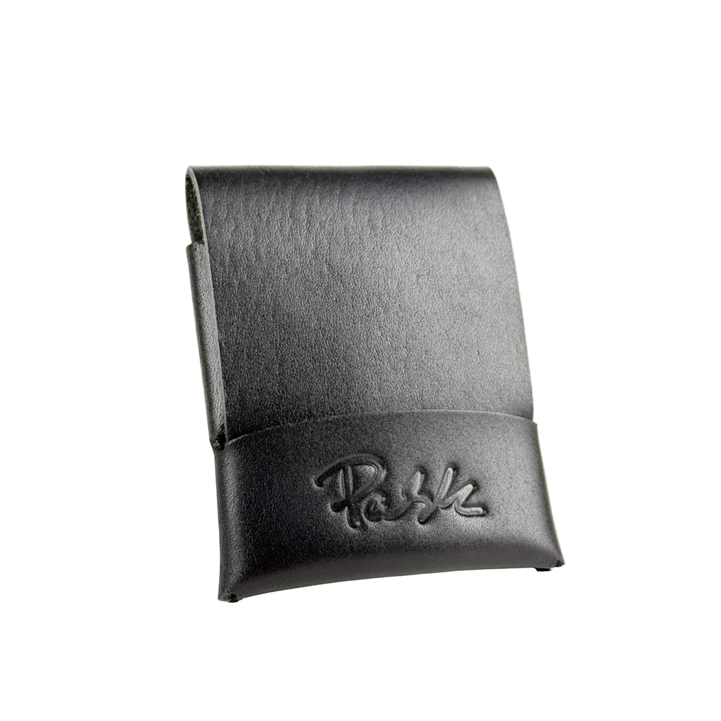 Minimalist Wallet Black leather wallet with Pask Fine Goods branding