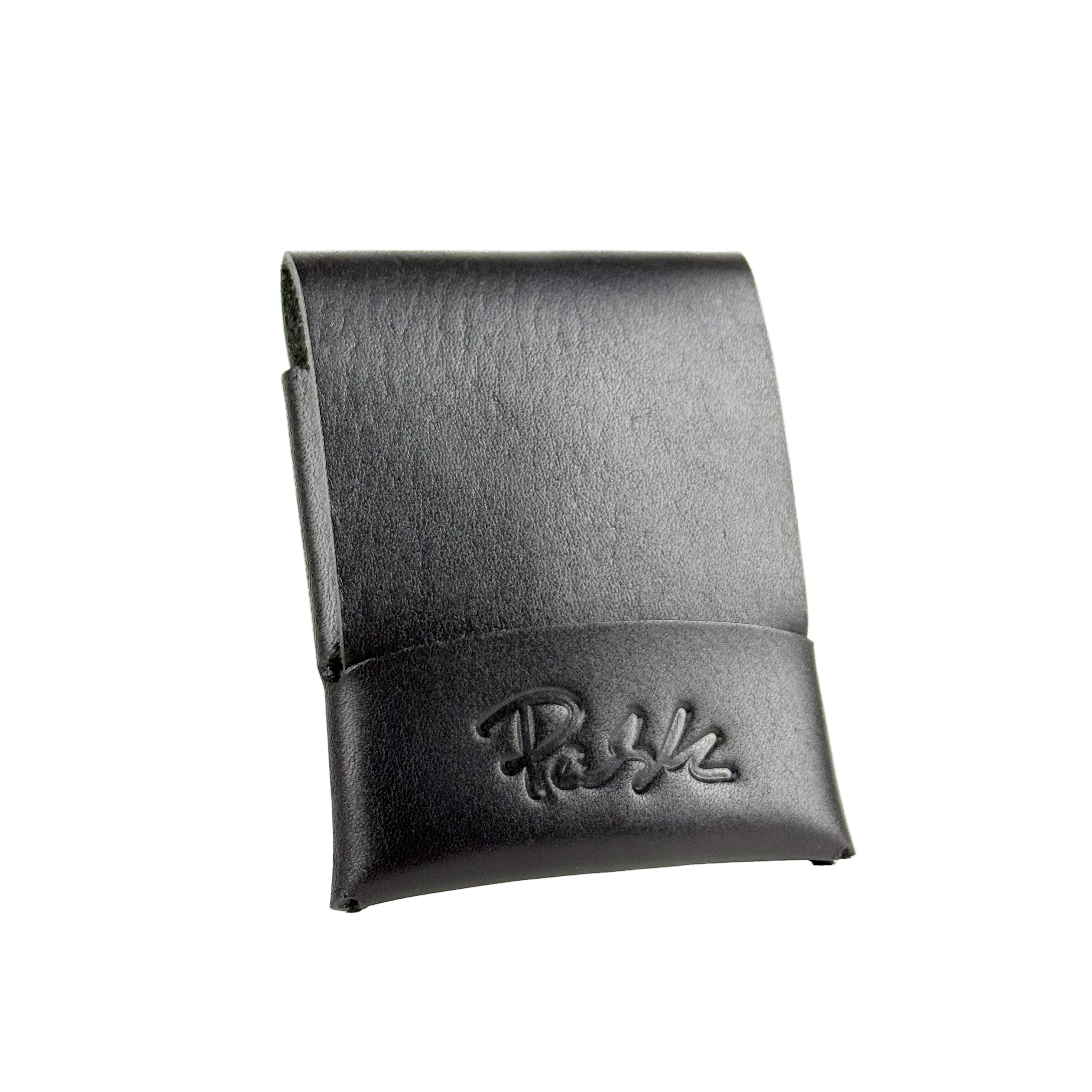 Minimalist Wallet Black leather wallet with Pask Fine Goods branding