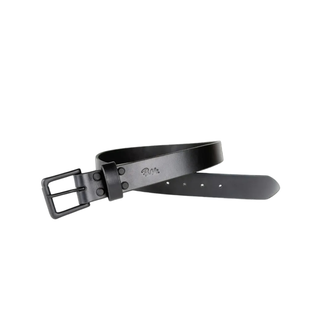 Macho Man Black leather belt with a black buckle on a white background 