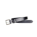 Black leather belt with silver buckle on a white background